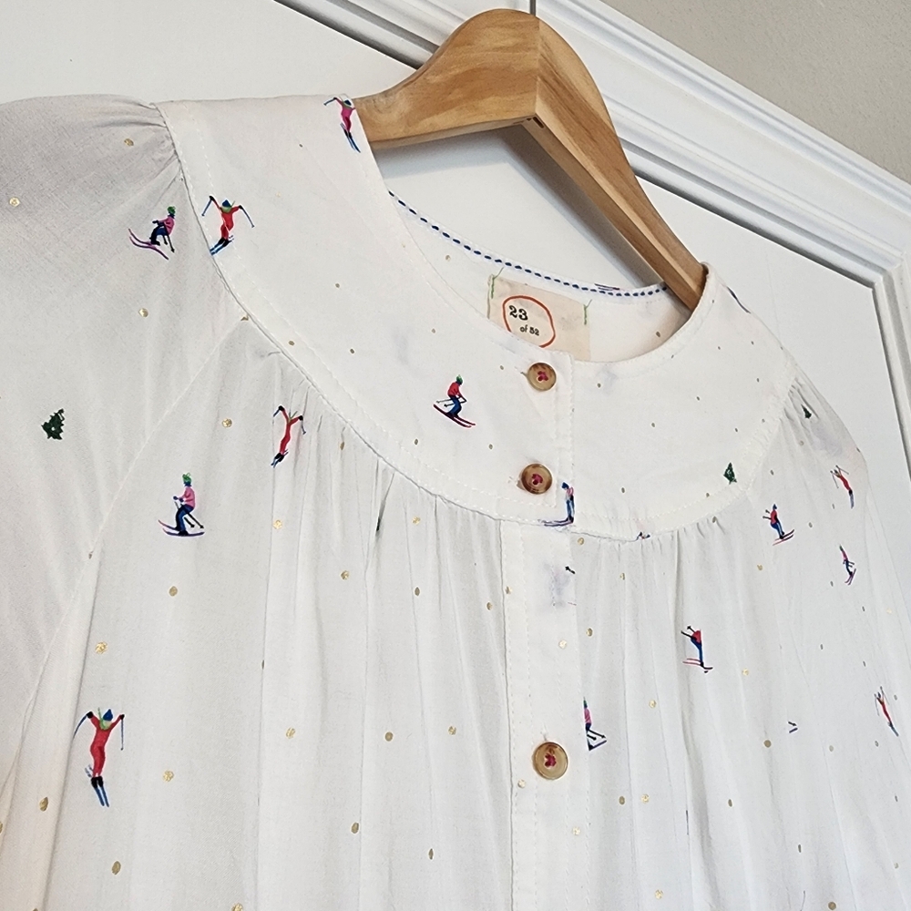 Anthropologie 23 of 52 Conversations Novelty Ski Winter Scene Button Up Blouse - Picture 3 of 15